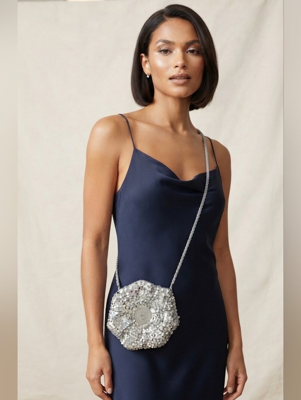 Vintage Purse Y2K Silver Sequin Beaded Bag Flower Mini Crossbody Sling